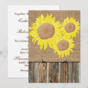Burlap Barnwood Barbed Wire och Sunblommor Inbjuda Inbjudningar