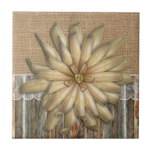 Burlap Barnwood Snöre och Tan Flower Kakelplatta