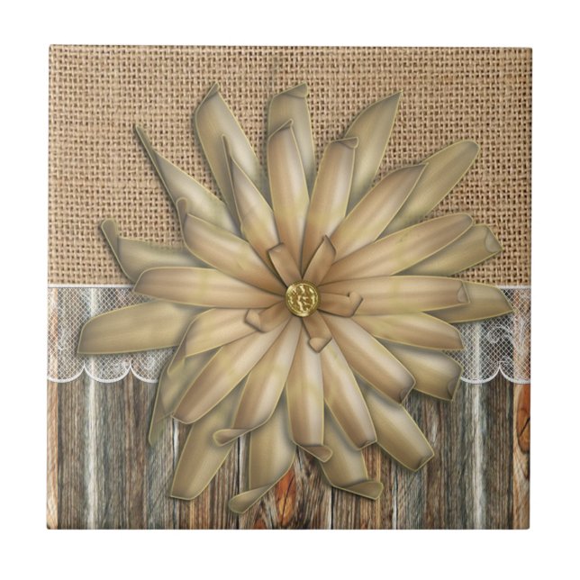 Burlap Barnwood Snöre och Tan Flower Kakelplatta (Framsidan)