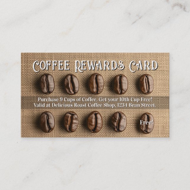 Burlap Bean Coffee Shop Rewards Loyalty Punch Card Visitkort (Framsida)