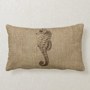 Burlap brons design för Seahorseillustrationsjöl Lumbarkudde