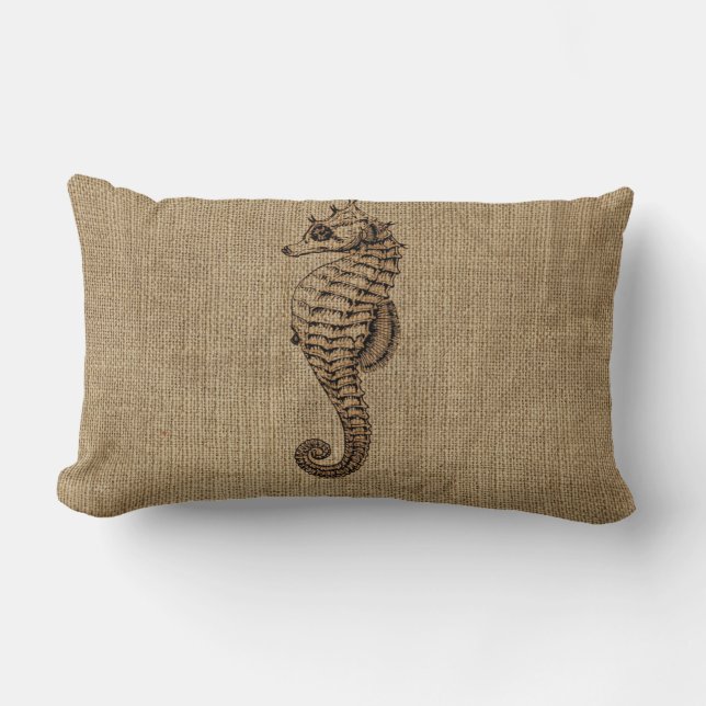 Burlap brons design för Seahorseillustrationsjöliv Lumbarkudde (Framsida)