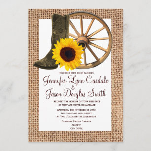 Burlap Cowboy Boots Wagon Wheel Solros Bröllop Inbjudningar