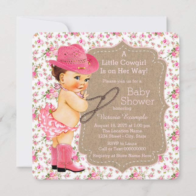 Burlap Cowgirl Baby Shower Blommig Calico Inbjudningar (Framsida)