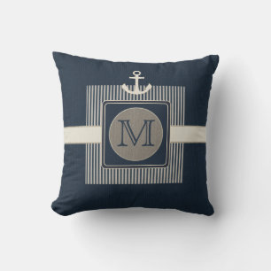 Burlap Effect Nautical Frakts Anchor Monogram Kudde