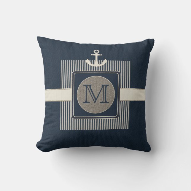 Burlap Effect Nautical Frakts Anchor Monogram Kudde (Framsida)