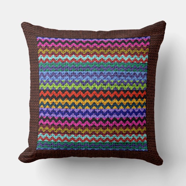 Burlap Färgad Chevron Modern Brown Gräns #21 Kudde (Framsida)