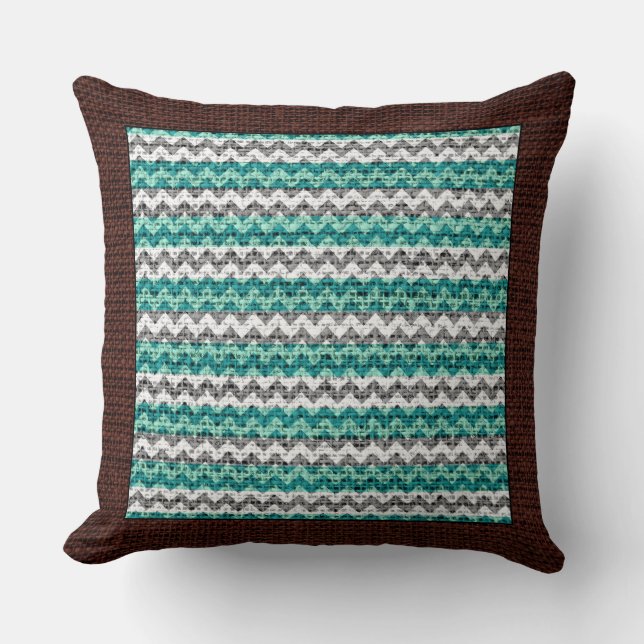 Burlap Färgad Chevron Modern Brown Gräns #22 Kudde (Framsida)