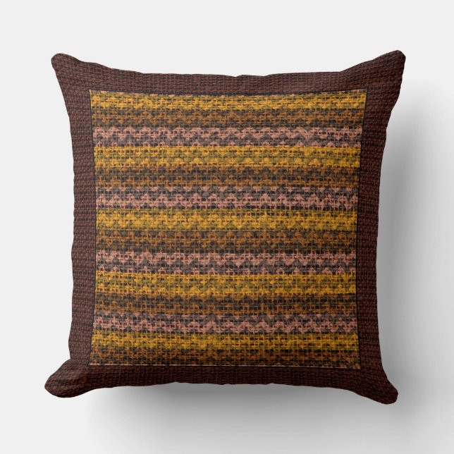 Burlap Färgad Chevron Modern Brown Gräns #30 Kudde (Framsida)