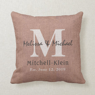 Burlap för Faux för Monogram för landstilbröllop Kudde