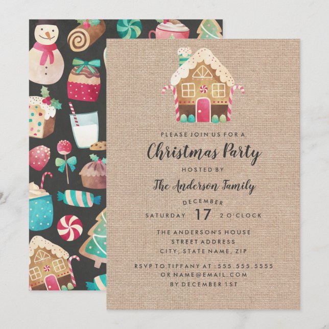 Burlap Gingerbröd House jul Party Card Inbjudningar (Fram/baksida)