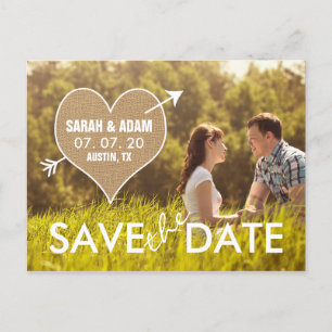Burlap Heart   Spara datumet i Rustic Meddelande Vykort