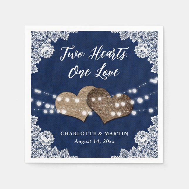 Burlap Hearts Snöre Rustic Navy Blue Bröllop Pappersservett (Framsidan)