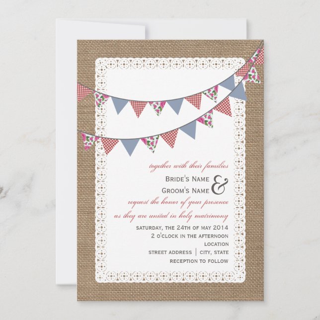 Burlap Inspikad Gingham & Blommigt Bunting Bröllop Inbjudningar (Framsida)