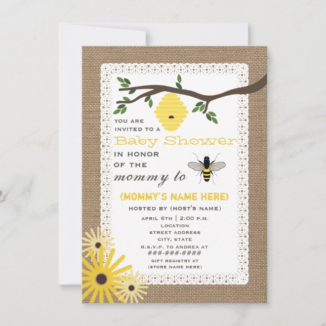 Burlap Inspired Baby Shower för honungsbin Inbjudningar (Framsida)
