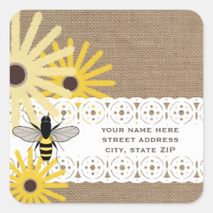 Burlap Inspired Black Eyed Susans & Bee Adress Fyrkantigt Klistermärke