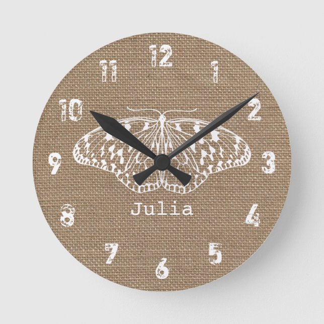 Burlap Inspired Butterfly Clock Rund Klocka (Framsida)