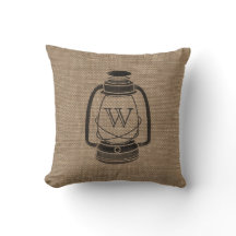 Burlap Inspired Oil Lantern Monogram Pillow
