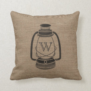 Burlap Inspired Oil Lantern Monogram Pillow Kudde