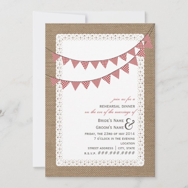 Burlap Inspired Red Gingham Bunting Rehearsal Inbjudningar (Framsida)