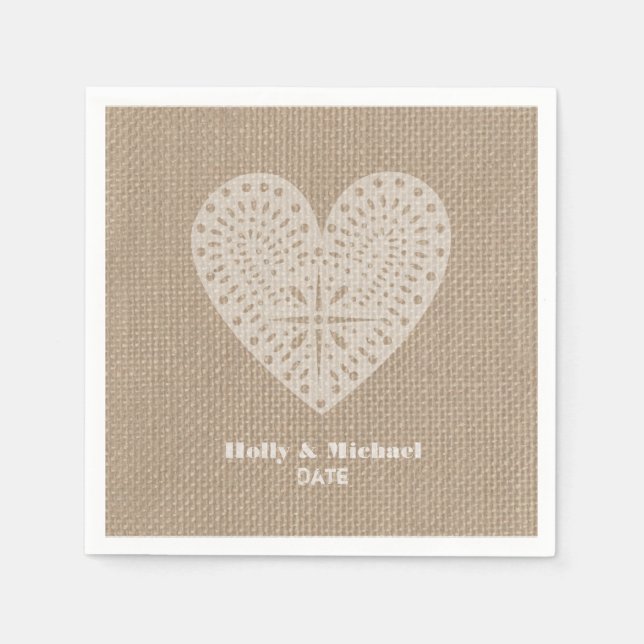 Burlap Inspired Snöre Heart Bröllop Napkins Pappersservett (Framsidan)