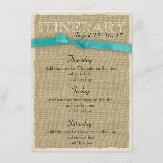 Burlap Itinerary Aqua Bow Tilläggskort (Framsida)