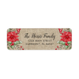 Burlap jul Poinsettia Holly Berry Label Returadress Etikett