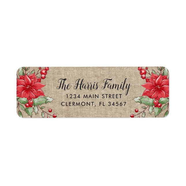 Burlap jul Poinsettia Holly Berry Label Returadress Etikett (Framsidan)