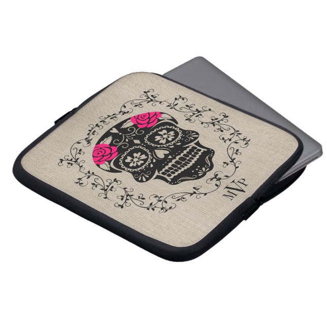 Burlap-kopiering av Monogram Hipster Black & Rosa  Laptop Fodral (Framsida topp)