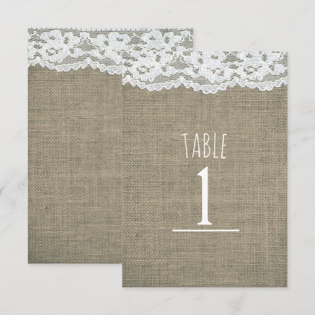Burlap & Lace Enkel Rustik Bröllops Bordnummer Inbjudningar (Fram/baksida)