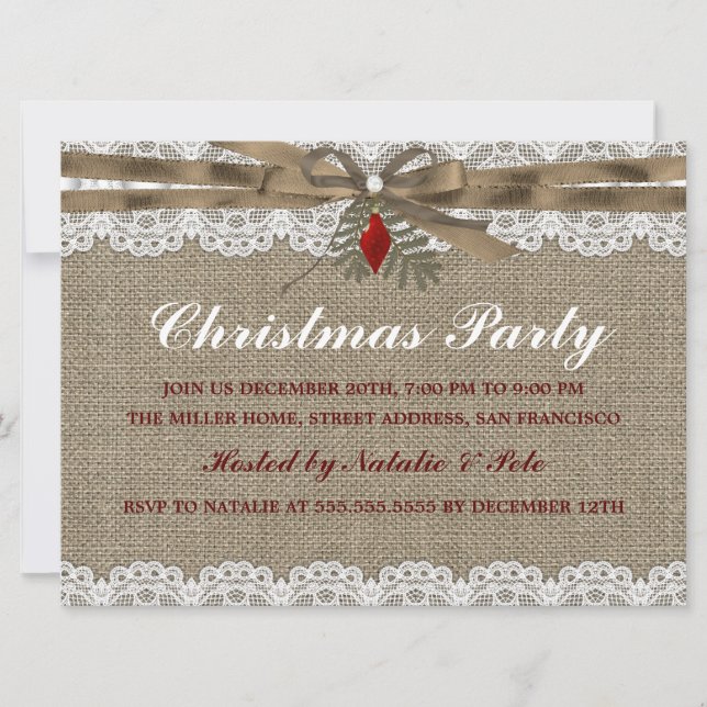 Burlap & Lace Vintage Julfest Inbjudan (Framsida)