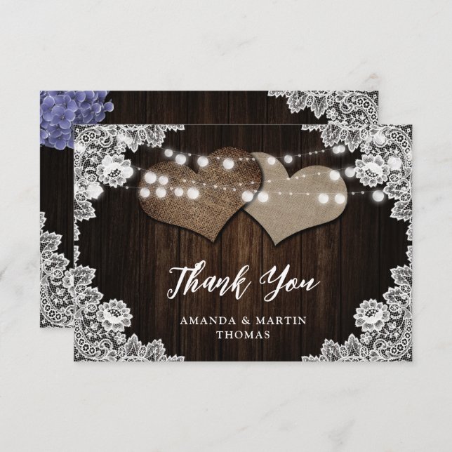 Burlap Lace Wood Rustic Purple Blue Floral Wedding Tack Kort (Fram/baksida)
