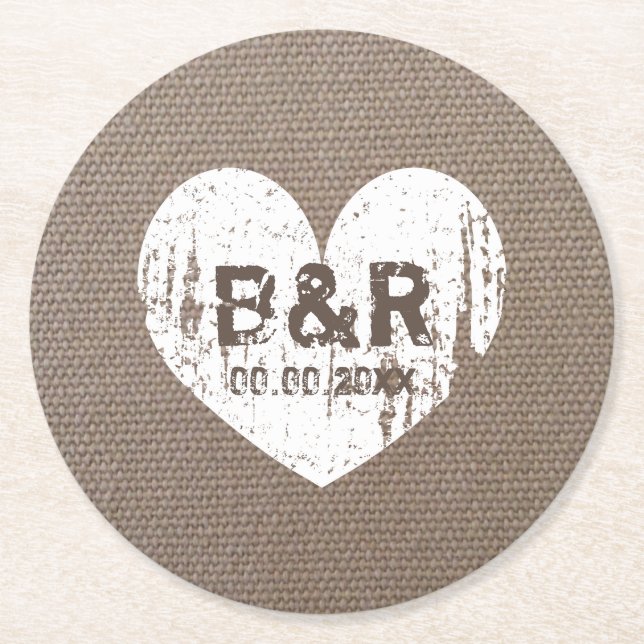Burlap land chic monogram underlägg för bröllop papper rund (Framsidan)