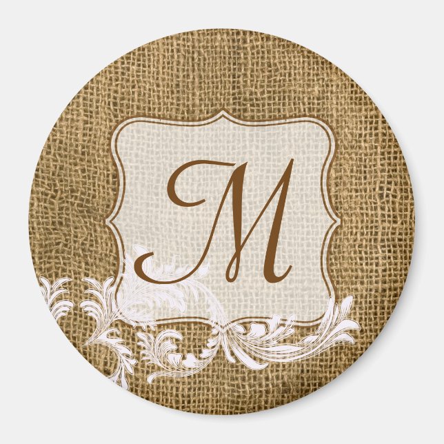 Burlap Land Snöre Appliq Monogram första magnet (Framsidan)
