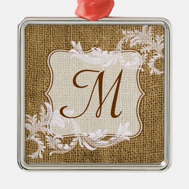 Burlap Land Snöre Monogram Initial Ornamal Julgransprydnad Metall (Framsidan)