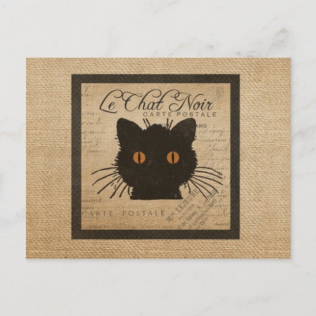Burlap Le Chatta Noir Fransk Black Cat Vykort (Framsida)
