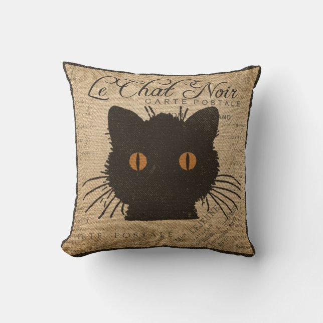 Burlap Le Prata Noir fransk den svart katten Kudde (Framsida)