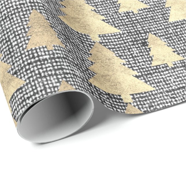 Burlap Linen Cottage Guld Grått Julgran Presentpapper (Rullad Hörn)