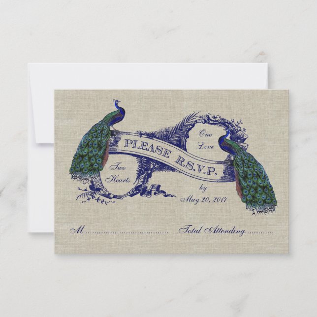 Burlap Linen Peacocks Rustic Bröllop OSA CARD (Framsida)