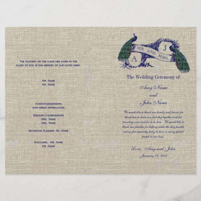 Burlap Linen Peacocks Rustic Bröllopsprogram (Framsida)