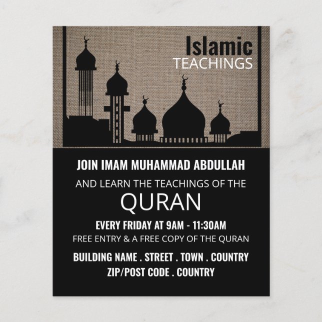 Burlap Mosque Silhouette, Islamic Teaching Advert Flygblad (Framsidan)