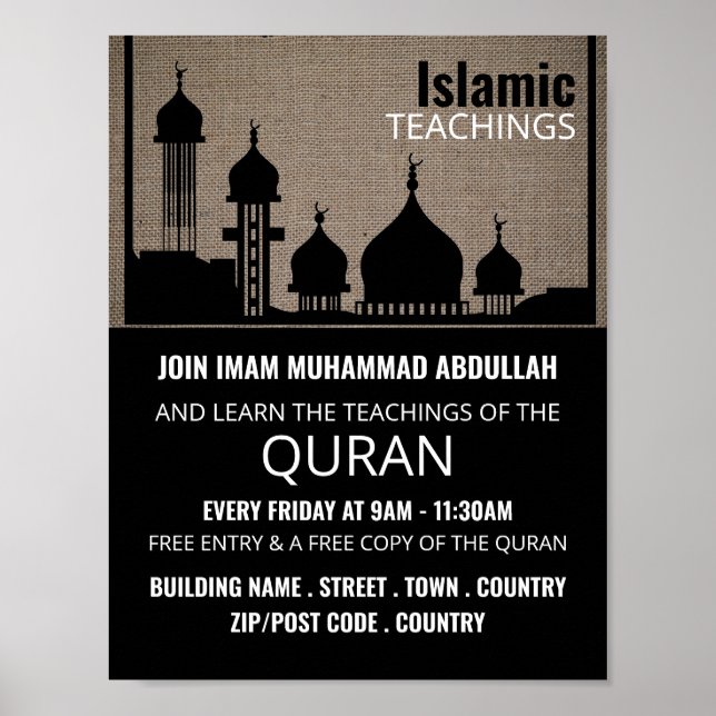 Burlap Mosque Silhouette, Islamic Teaching Advert Poster (Framsidan)