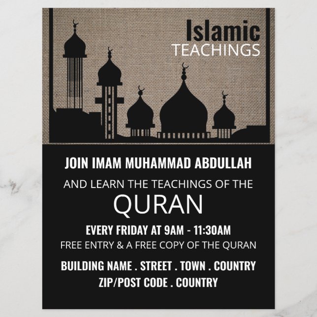 Burlap Mosque Silhouette, Islamic Teaching Advert Reklamblad (Framsidan)