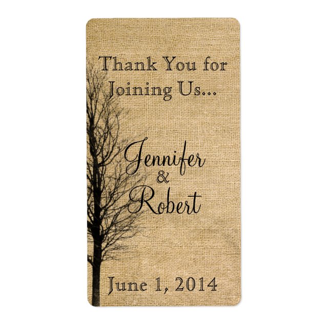 Burlap och Birch Posh Bröllop Vin-etikett Fraktsedel (Framsidan)