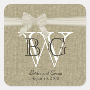 Burlap och Bow Monogram Fyrkantigt Klistermärke