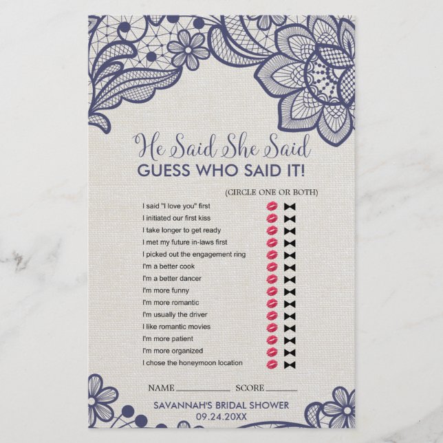 Burlap och Navy Snöre "Han sa att hon sa "spel" (Framsida)