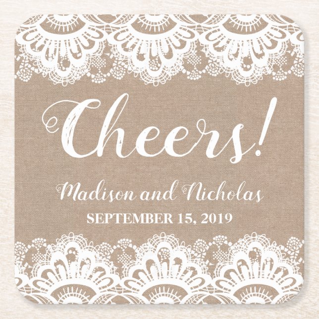 Burlap och Snöre Bröllop Pappra Underlägg, Rustic Underlägg Papper Kvadrat (Framsidan)