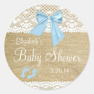 Burlap och Snöre med Blue Bow Baby Shower-Favor Runt Klistermärke