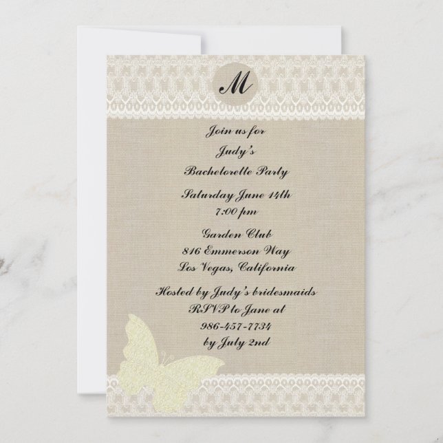 Burlap och Snöre Monogram Bachelorette Party Inbju Inbjudningar (Framsida)