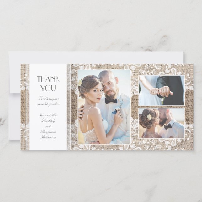 Burlap och Snöre Photo Bröllop Tack Kort (Framsida)
